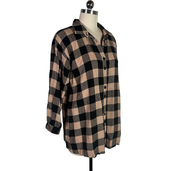 vintage 90s buffalo plaid rayon button shirt M black tan blouse top USA vtg - Picture 6 of 10